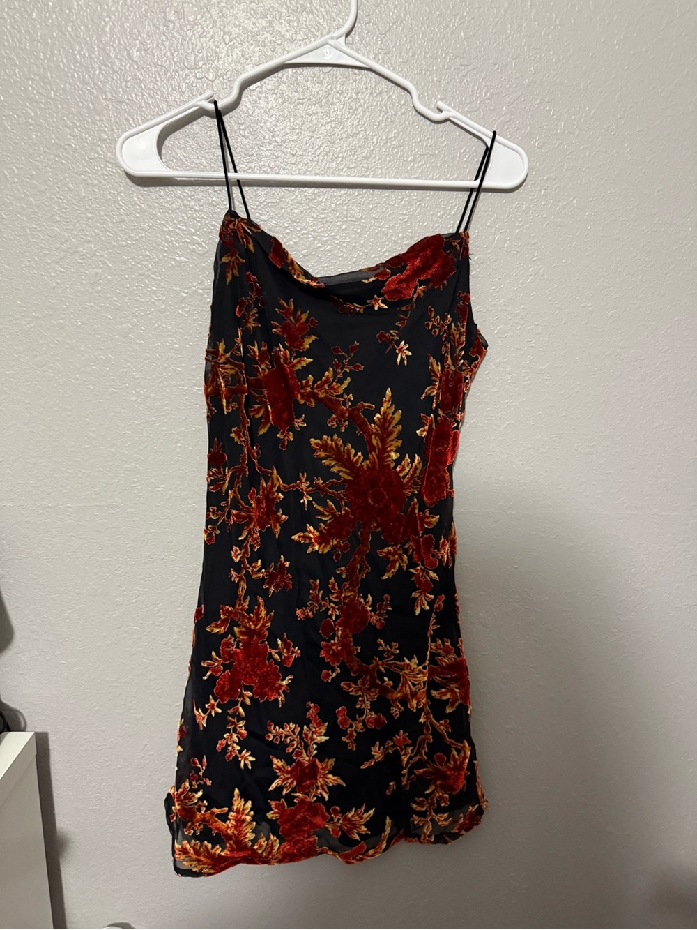 Princess Polly Black Slip Dress with Red and Gold Floral Velvet